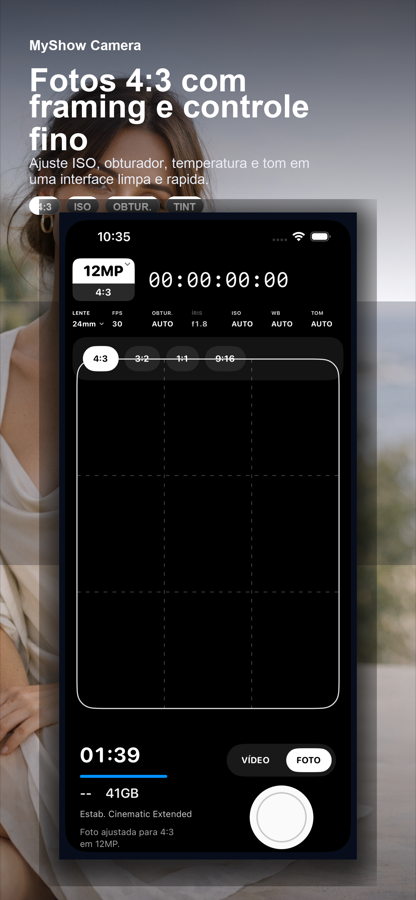 Tela do MyShow Camera com interface sobre retrato